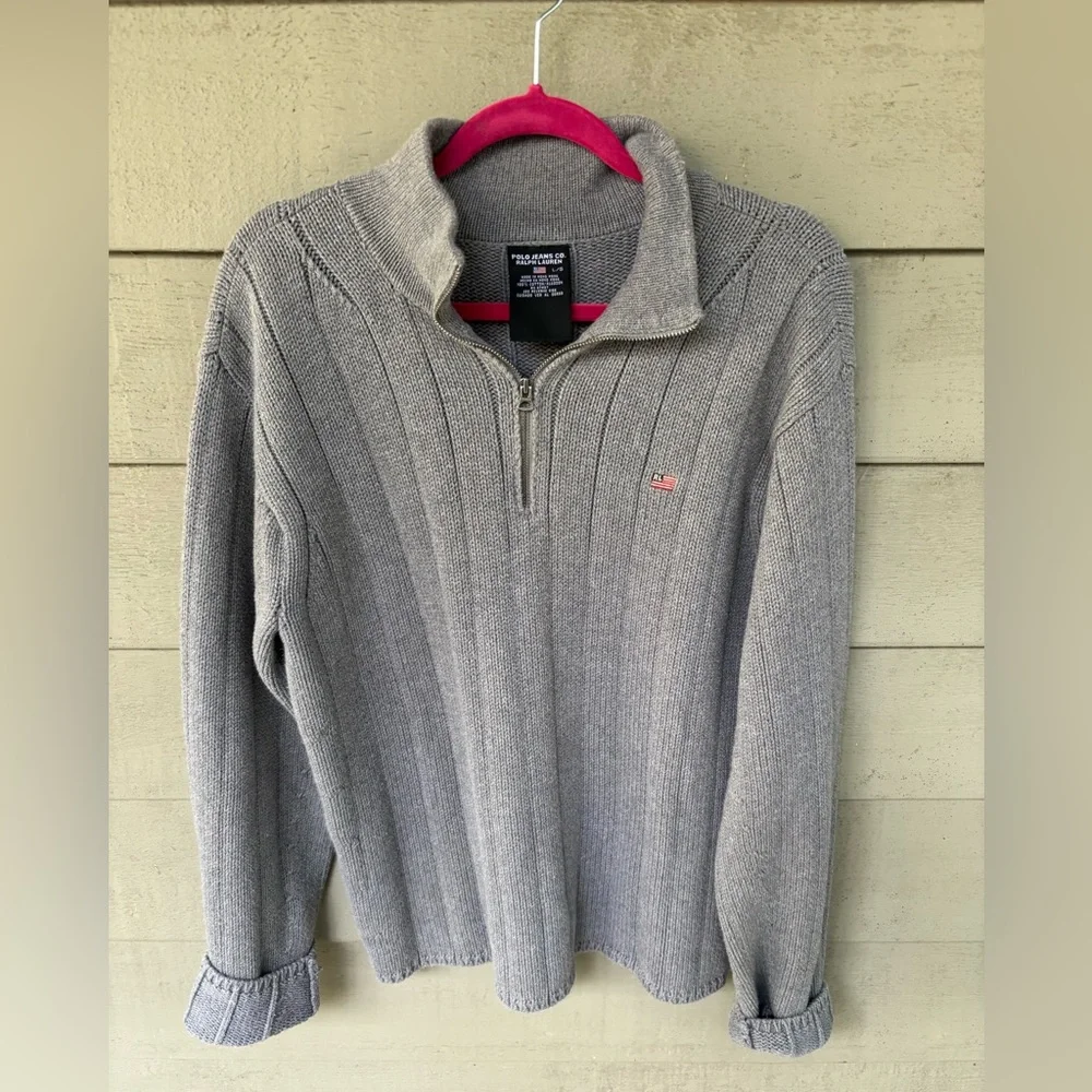 Polo by Ralph Lauren Light Gray Quarter Zip-Up Sweater size Large - Picture 3 of 5